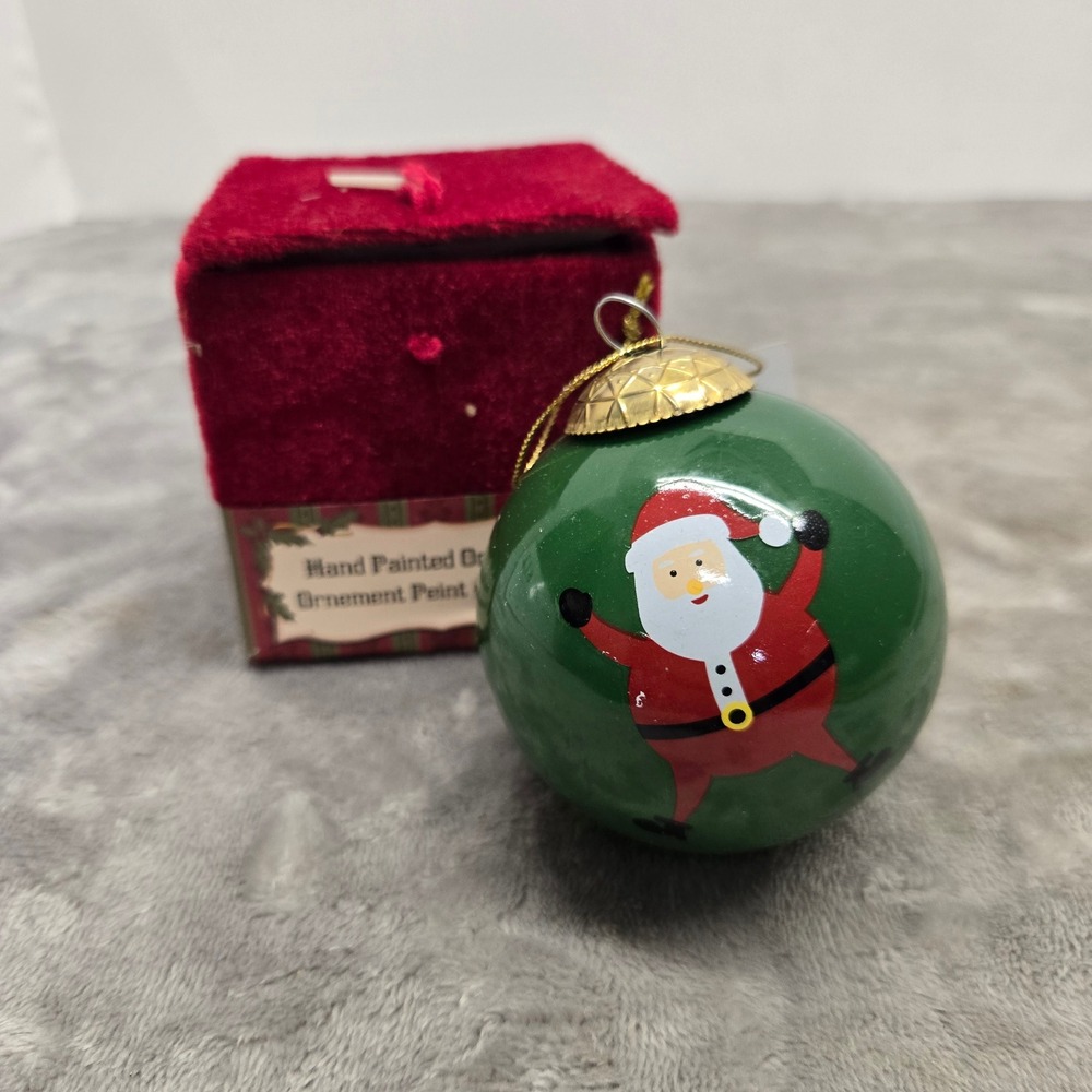 Greenbrier International Hand Painted Santa Glass Christmas Ornament Green Box